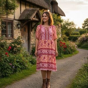 Boho Floral Peach & Pink Dress Sz Small Puff Sleeve Peasant Cottagecore Handmade